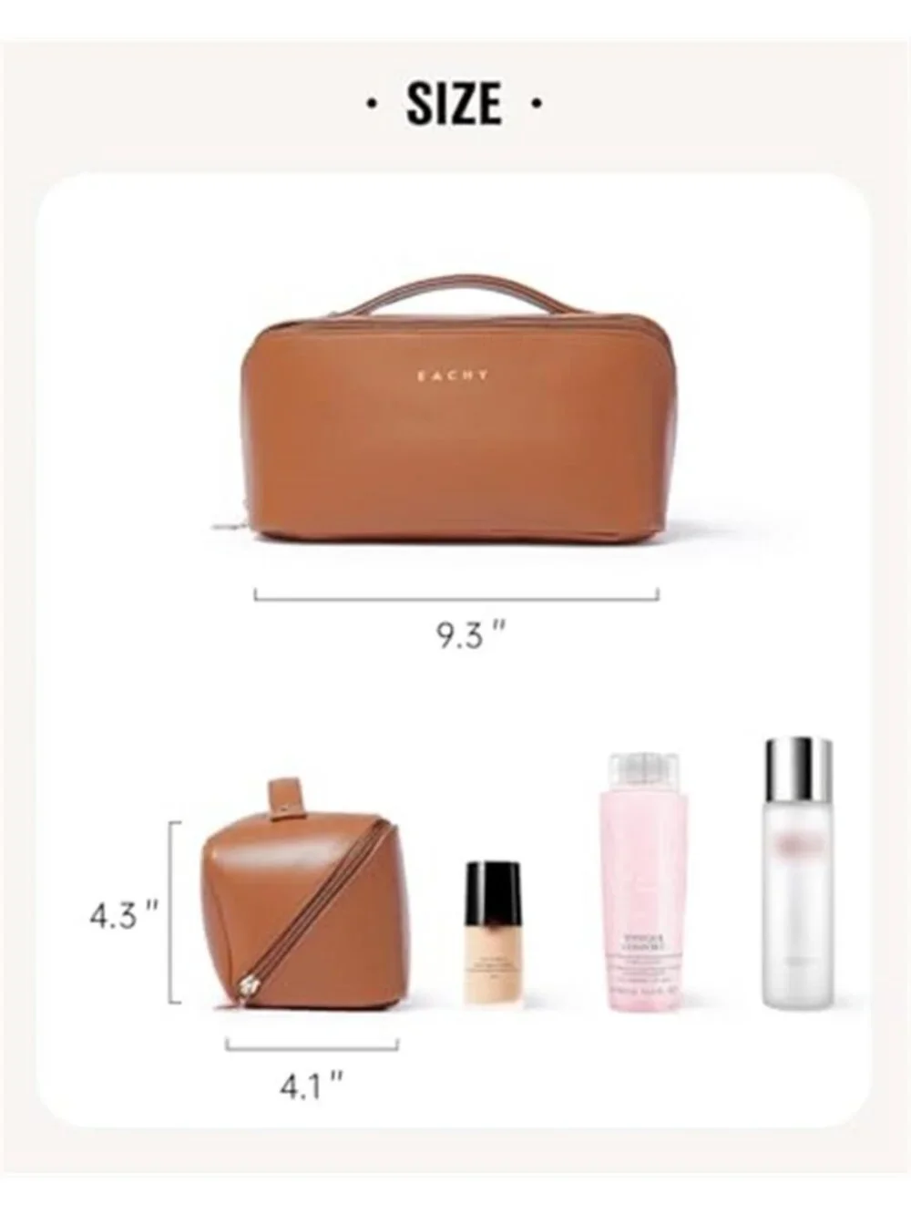 Travel Makeup Bag for Women, PU Leather Cosmetic Bag, Brown, Medium